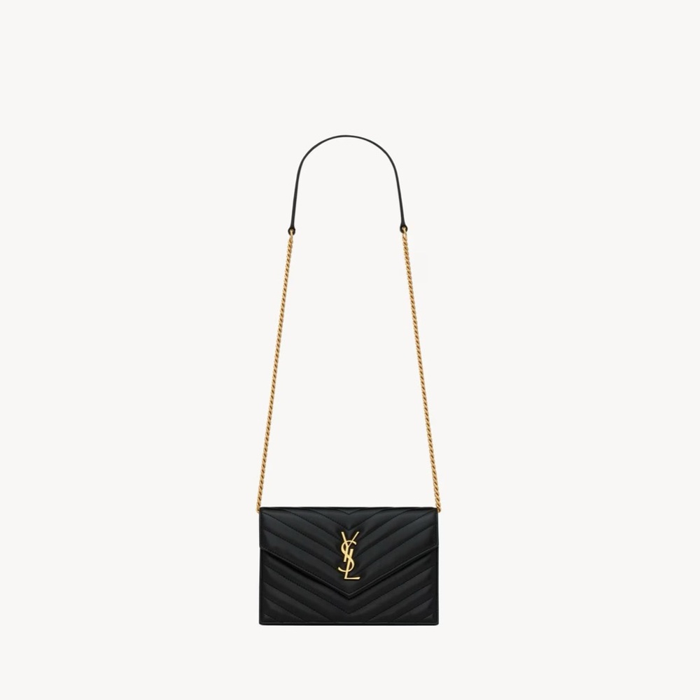 Saint Laurent Cassandre Black Quilted Envelope Leather Chain Wallet Purse